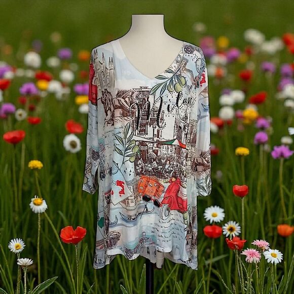 One World Graphic Tunic Top 1X Milan Artsy Plus Size Bling Asymmetric Sublimated - Picture 15 of 16